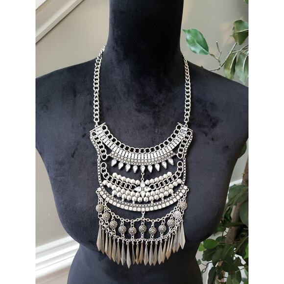 Women's Statement Tribal Bib Necklace Crystal Charms Lobster Clasp Bold - Picture 1 of 6